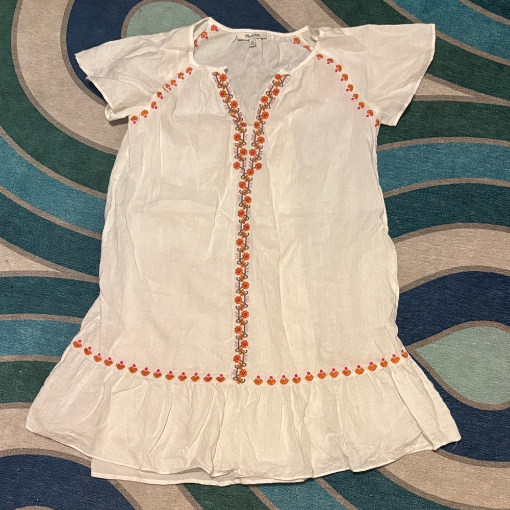 White Linen Dress with Orange Embroidery